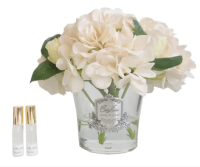 Большой букет "Гортензии и розы" шампань в прозрачной вазе Cote Noire