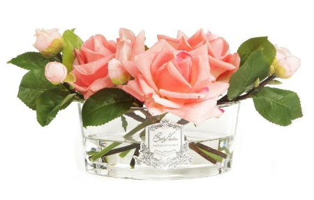 Аромабукет коралловых роз в овальной прозрачной вазе Cote Noire