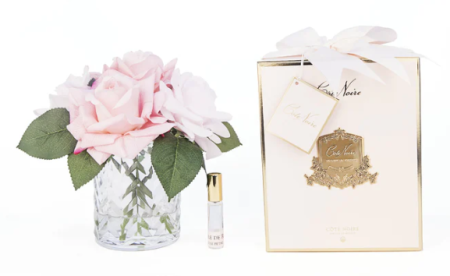 Аромабукет розовых роз с листьями в прозрачной вазе "ёлочка" Cote Noire