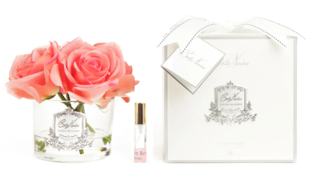 Аромабукет 5 роз коралловых в прозрачной вазе Cote Noire